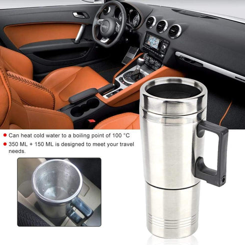 12V Car Heating Cup: Stainless Steel Heating Coffee Thermos Mug, Portable Water Heater with Airtight Lid for Travel