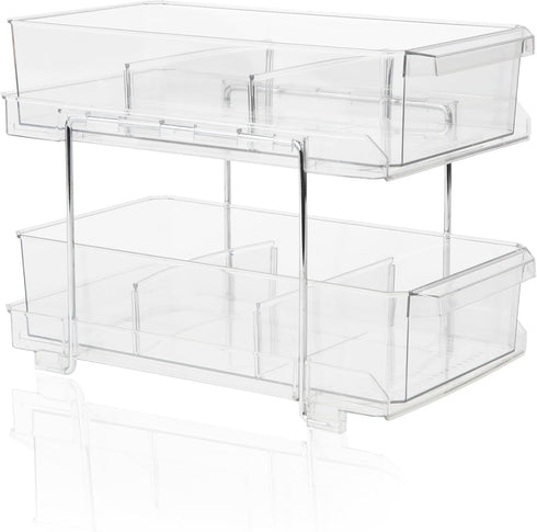 Masirs 2-Tier Clear Pull-Out Drawer Organizer, Compact Makeup and Closet Organizer, Easy Assembly Kitchen Storage