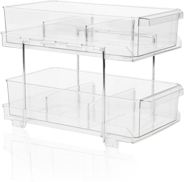 Masirs 2-Tier Clear Pull-Out Drawer Organizer, Compact Makeup and Closet Organizer, Easy Assembly Kitchen Storage