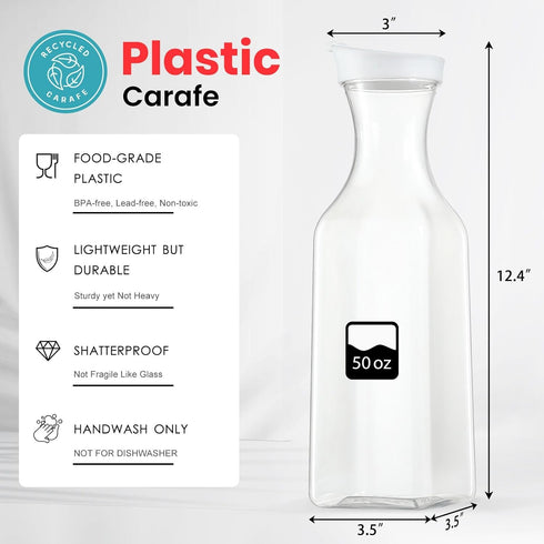 50 Oz Set 2 NETANY Plastic Water Carafe with Flip Top Lid, of Square Base Juice Containers, Clear Plastic Pitcher