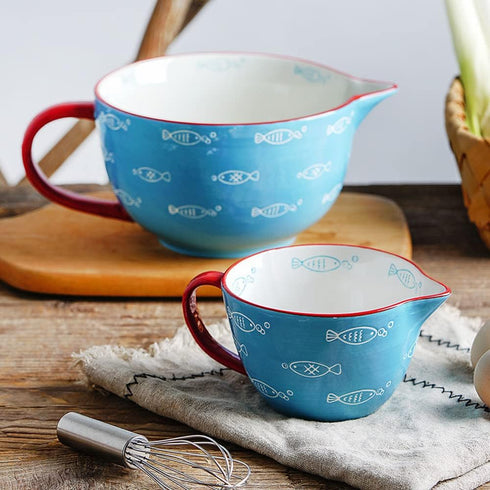 Blue Fish Pattern Kitchen Ceramic Mixing Bowl, 0.5 Quart, with Pouring Spout and Handle