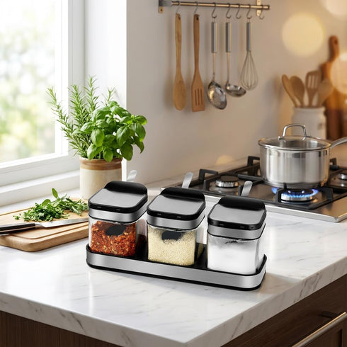 304 Set 3 Counter, Condiment Jar Spice Container with Stainless Steel Lids and Spoons,Clear Glass Condiment Canisters