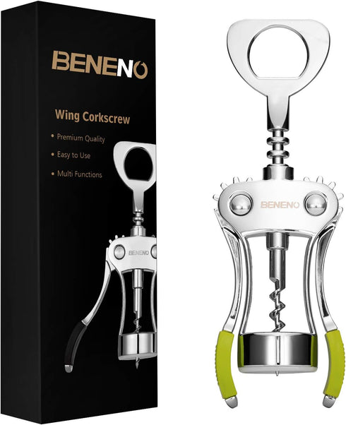 Beneno Wine Opener, Zinc Alloy Premium Wing Corkscrew with Multifunctional Bottles Opener, Upgrade Green