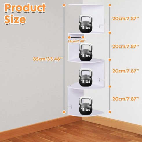 5 7.87 7.87 33.46 INCHES ShellKingdom Corner Shelf Wall Mount, Tier Corner Bookshelf, Floating Display Shelves