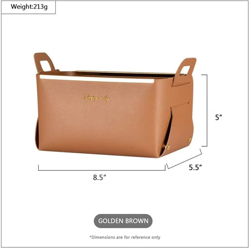 Decorative Small Faux Leather Basket, Set of 2 Brown Collapsible Rectangle Tray Organizer Box for Entryway, Bedside,