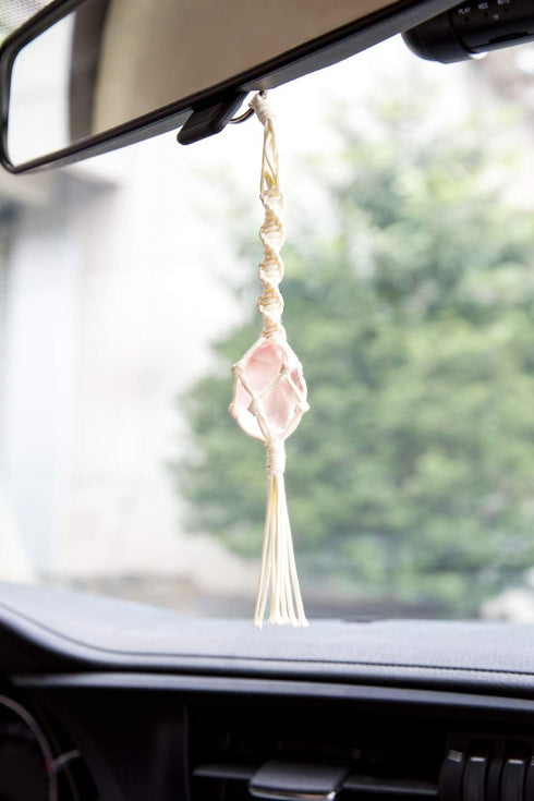 Dahey Macrame Crystal Car Charms - Handmade Crystal Rear View Mirror Ornament, Set of 2