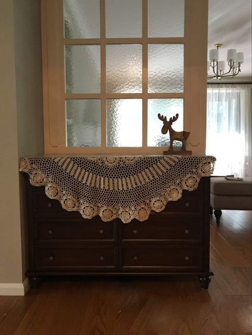 Damanni Beige Cotton Handmade Crochet Lace Tablecloth Doilies, Round, 35 Inch