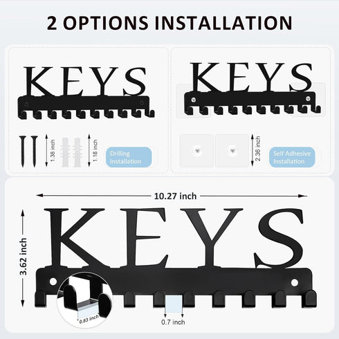 Black Key Holder Wall Mount, Decorative Key Rack Organizer with 10 Hooks, Metal Adhesive Keychain Holder