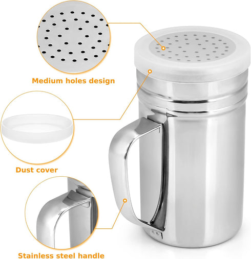 Accmor 2pcs Stainless Steel Dredge, Salt Pepper Dredge Shakers with Handle, 14 Ounce Seasonings Spice Shakers with Lid