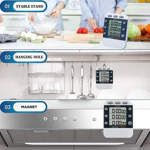 Digital Dual Kitchen Timer for Cooking, 3 Channels Count Down/up Multi Timers, Large-Display Adjustable Alarm Volume