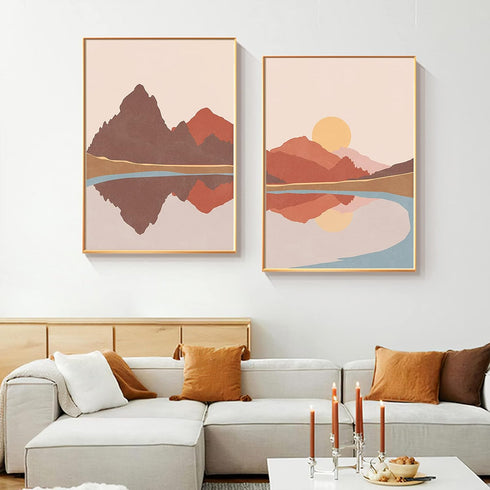 Bankrenart Nature Landscape Wall Art Prints, Mid Century Boho Mountain Sun Lake Wall Art, Modern Canvas Prints