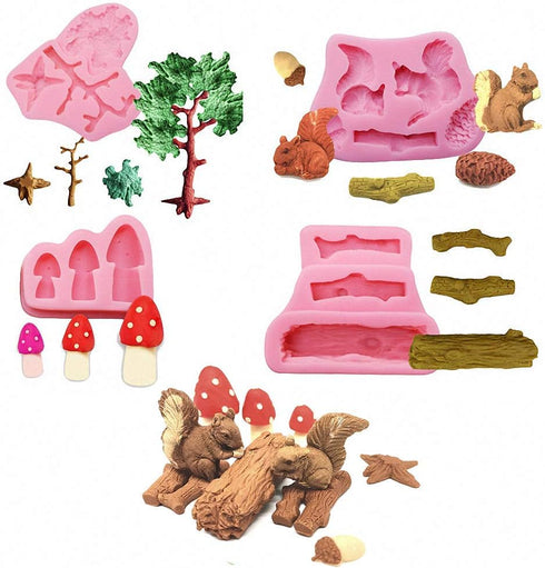 4Pcs/Set Forest Themed Fondant Molds, Animal Tree Trunk Squirrel Mushroom Pinecones Cake Decorating Tool Mold