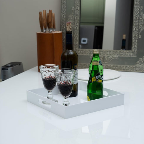 12x12x2H Inches Countertop, Glossy White Acrylic Serving Tray with Handles, - Spill Proof, Decorative Trays for Ottoman