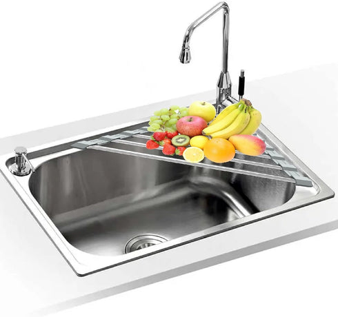 Triangle Dish Drying Rack - Roll Up Folding Stainless Steel Over The Sink Dish Drainer Mat for Kitchen (Grey)