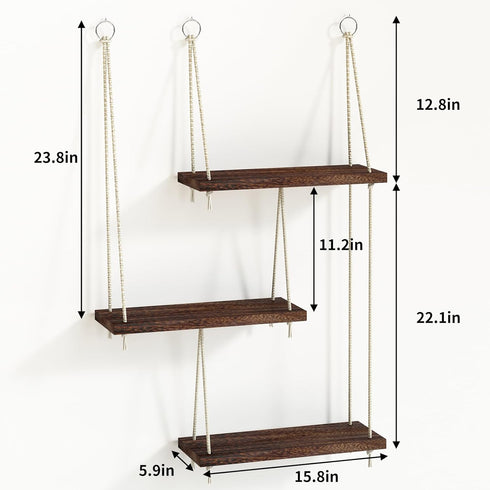 3 Fixwal Hanging Shelves for Wall, Tier Boho Wall Decor Hanging Plant Shelf Floating Shelves Rope Rustic Wood Organizer