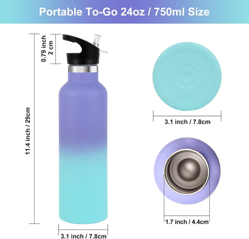 Neihepal 24oz Insulated Water Bottles Bulk 4 Pack, Stainless Steel Double Wall Sport Bottle with Straw Lid, Metal