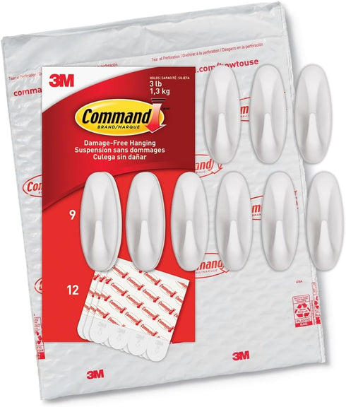 Command Medium Designer Hooks, Damage Free Wall Hooks with Adhesive Strips, 9 White Hooks for Hanging Decorations