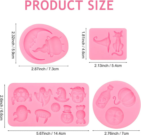 Halloween Candy Molds, Pumpkin Skull Ghost Silicone Molds, Witch Hat Cat Eyeballs Teeth Cake Decorating Chocolate Molds for Baking Fondant Cupcake Topper Gum Clay Resin DIY Craft Set of 4