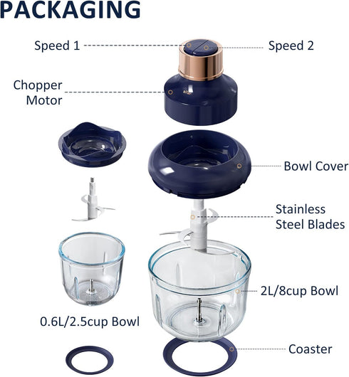 Bear Food Processor, Electric Food Chopper with 2 Glass Bowls (8 Cup + 2.5 Cup), 400W Power Grinder with 2 Sets