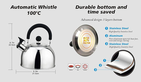 J&V TEXTILES 2.5-Quart Stainless Steel Whistling Tea Kettle