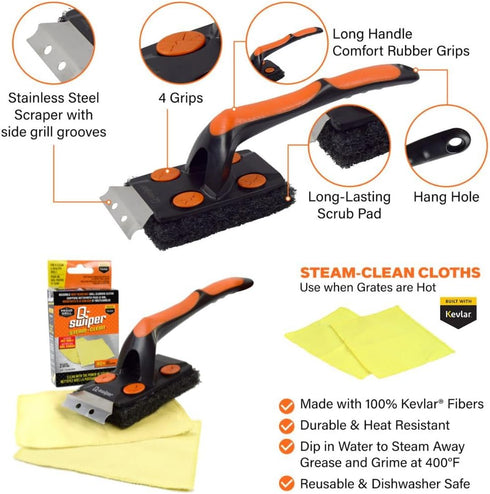 Set 1 2 1 Proud Grill Q-Swiper XL Steam-Clean BBQ Grill Cleaner - Bristle & Wire-Free Brush with Scraper, Kevlar Steam
