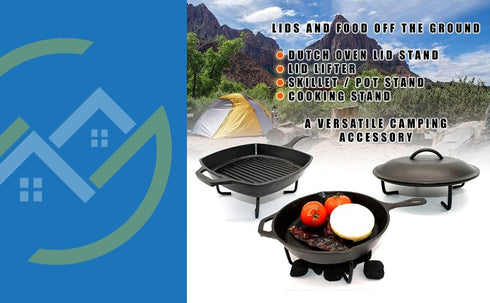 Dutch Oven Lid Lifter And Stand - Cast Iron Pot Stand - Multifunctional Camping Accessory For Cast Iron Cookware - Includes Red Silicone Heat Resistant Cooking Mitts by Strikento
