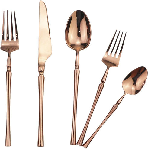 Copper Silverware Set, 5-Piece 18/10 Stainless Steel Flatware Cutlery Set, Mirror Finish, Dishwasher Safe