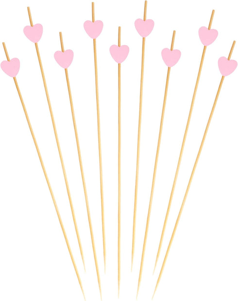 BambooMN 8.3 Inch Pink Heart Bamboo Food and Drink Pick Skewers, 100 Pieces for Catered Events, Parties
