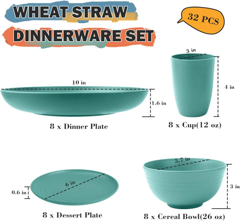 Sets, 32 Set 8, Sets, Set Wheat Straw Dinnerware PCS Dishes for Unbreakable Plates and Bowls Microwave Safe Dinnerware