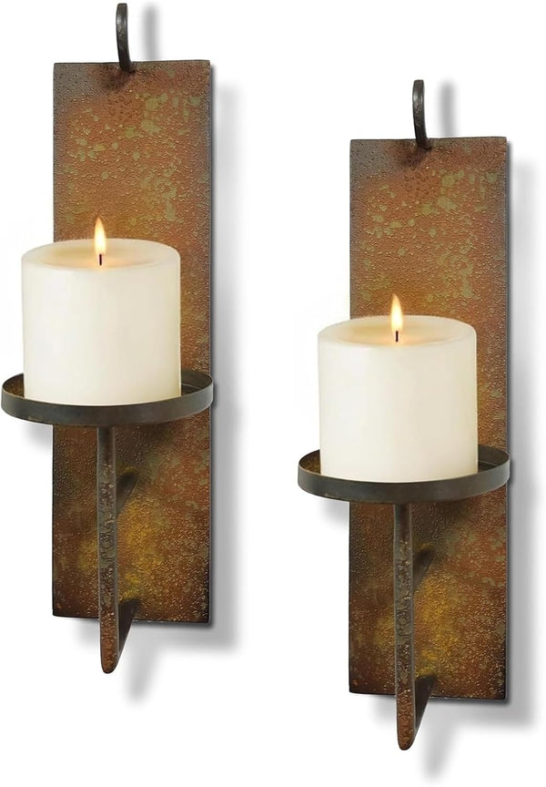 Set of 2 Vintage Wall Candle Sconce, Distressed Iron Metal, 15.6 x