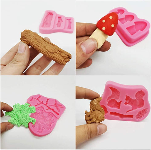4Pcs/Set Forest Themed Fondant Molds, Animal Tree Trunk Squirrel Mushroom Pinecones Cake Decorating Tool Mold