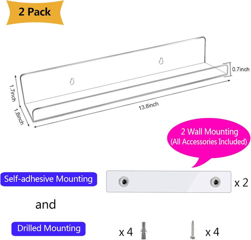 evron 2-Pack 13.8" 2 Pack) Acrylic Floating Shelves Clear Wall Shelf for Bathroom, Bedroom, or Kitchen Easy
