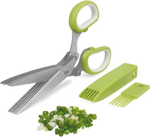 Herb Cutter Scissors, 5 Blade Kitchen Multipurpose Cutting Shear with Safety Cover & Cleaning Comb (Green)