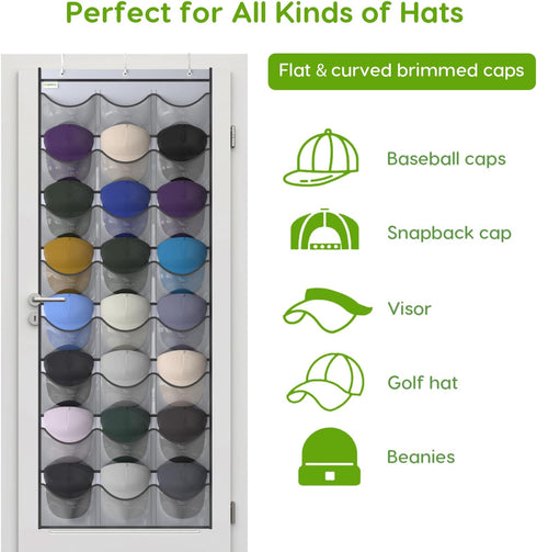 Unjumbly Baseball Hat Rack - 24 Pocket Over-The-Door Organizer with Clear Deep Pockets & 3 Hooks (Grey, 24 Pockets)