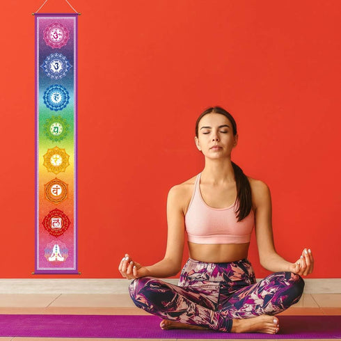 Funnytree 12"x71" Large Yoga Tapestry, 7 Chakra Mandala Wall Poster, Durable Fabric Indoor Outdoor Decor