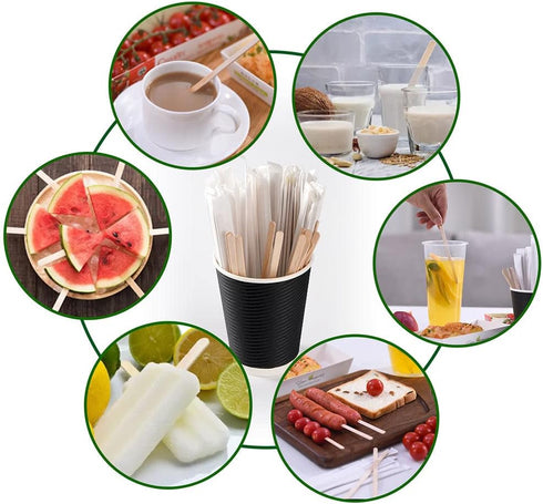 MFJUNS 200pcs 5.5" Individually Wrapped Coffee Stirrers Wood - Coffee Stir Sticks, Round End Disposable coffee stirrer