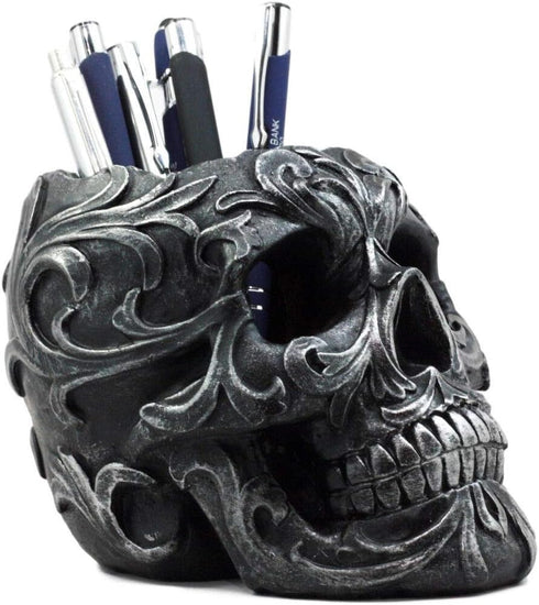 Ebros Gift Tribal Tattoo Floral Skull Pen Holder - 5.75" Office Desktop Decor, Cranium Skeleton Stationery Holder