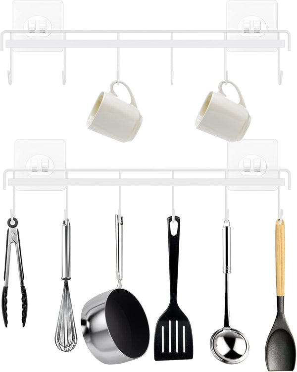 Kitchen Utensil Rack Wall Mount, White Adhesive Hanger, No Drilling, Space Saving Kitchen Holder, 2 Packs