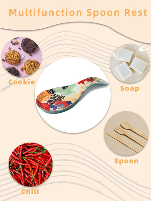 Colorful Hand Painted Spoon Rest, Ceramic Large Spoon Holder for Kitchen Counter, Dishwasher Safe, Multicolor (1 Pack)