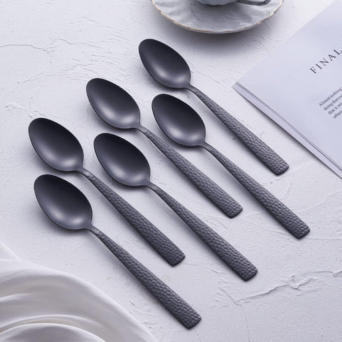 Matte Black Dinner Spoon Set of 6, FULLYWARE 8.0 inches Stainless Steel Black Spoon Silverware, Satin Finish.