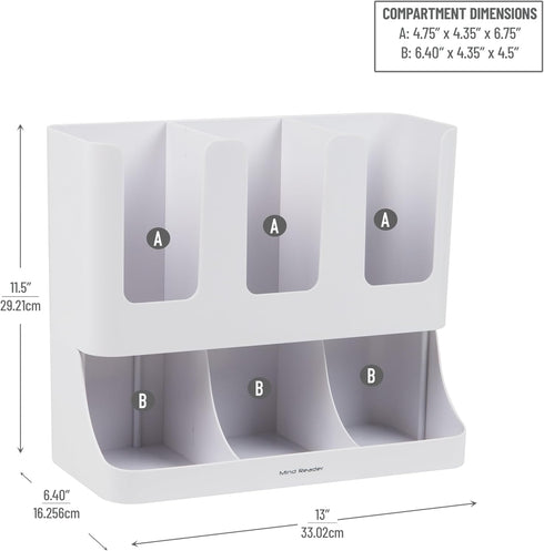 Mind Reader Cup and Condiment Station, 6-Compartment Countertop Organizer for Coffee Bar (White)