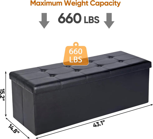 43 Inches 660lbs, JupiterForce Storage Ottoman Bench, Folding Faux Leather Ottoman Footrest Bench with Storage&Padded