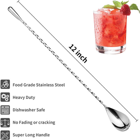 2Pcs Cocktail Spoon Long Handle Bar Spoon - 12" Metal Spoons Drink Mixers for Cocktails Stainless Steel Spoons Stirring Spoons for Coffee Bar Accessories - Home Bar Mixing Spoon Long Handle Spoon Set