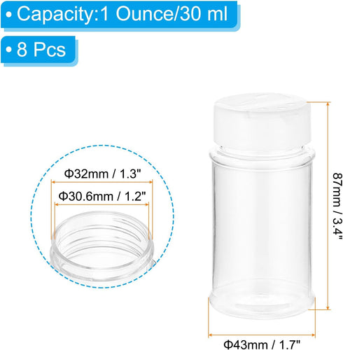 PATIKIL 1oz Plastic Spice Jars with Shaker Lids, 8 Pcs Refillable Empty Seasoning Containers Bottle with White Cap for Storing Spice Salt Herbs Seasoning Powders Condiment, Clear