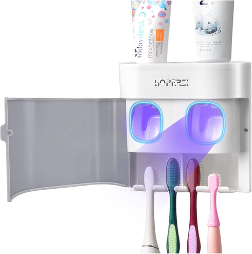 Boperzi Toothbrush Holder Wall Mounted, Toothpaste Dispenser Gray Dustproof Cover for Shower Bathroom Set