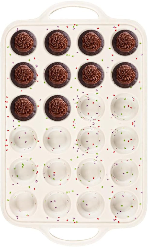 Muffin Pans with Metal Reinforced Frame, 24-Cups Durable Silicone Baking Pan, Beige with Rainbow Spots