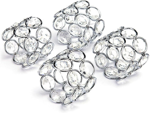 Set of 4pcs Silver Crystal Napkin Rings Handcraft Sparkly Holders for Special Occasions