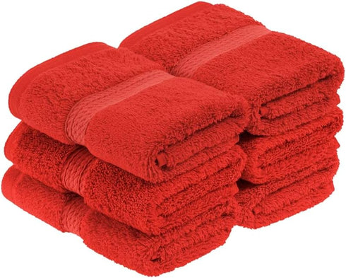 Superior Egyptian Cotton Pile Face Towel/Washcloth Set of 6, Ultra Soft Luxury, Red