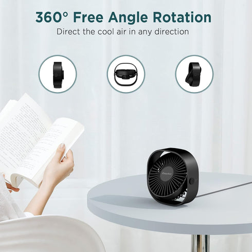 EasyAcc USB Desk Fan: 3 Speeds USB Powered Fan, 360° Rotatable Personal Table Fan for Home, Bedroom, Office (No Battery)
