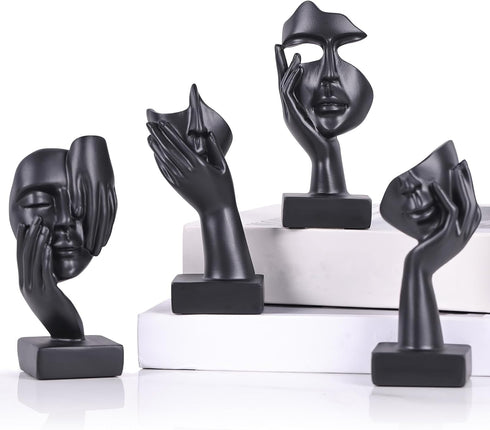 4 PCS Black Thinker Statue Set Abstract Sculptures Home Decor for Bookshelf,